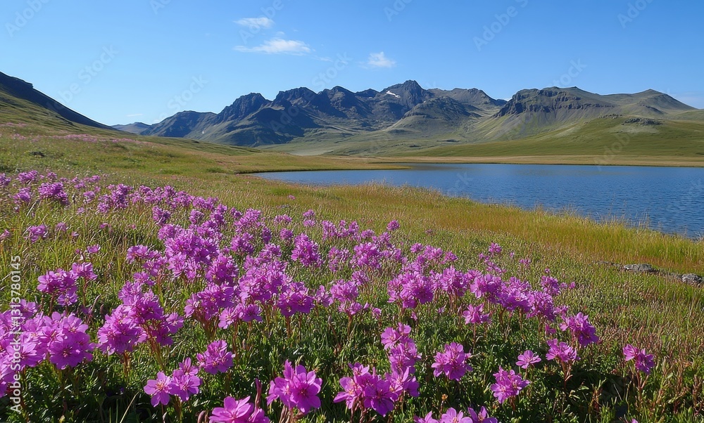 Obraz premium Vibrant Pink Flowers Blooming by Serene Lake with Majestic Mountains under Clear Blue Sky in Tranquil Nature Landscape