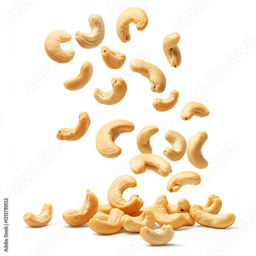Falling Cashew Nuts Isolated on White Background Delicious and Healthy Snack