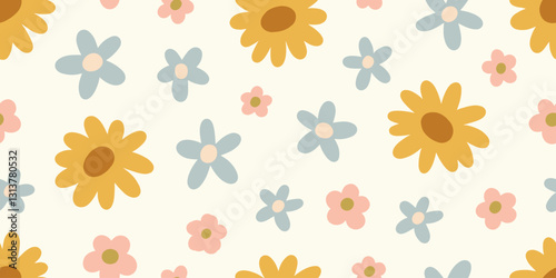 Seamless floral pattern. Groovy hippie flowers, repeating print, endless background. Daisy blossoms, repeatable design, texture for textile, fabric, wallpaper, wrapping. Flat vector illustration