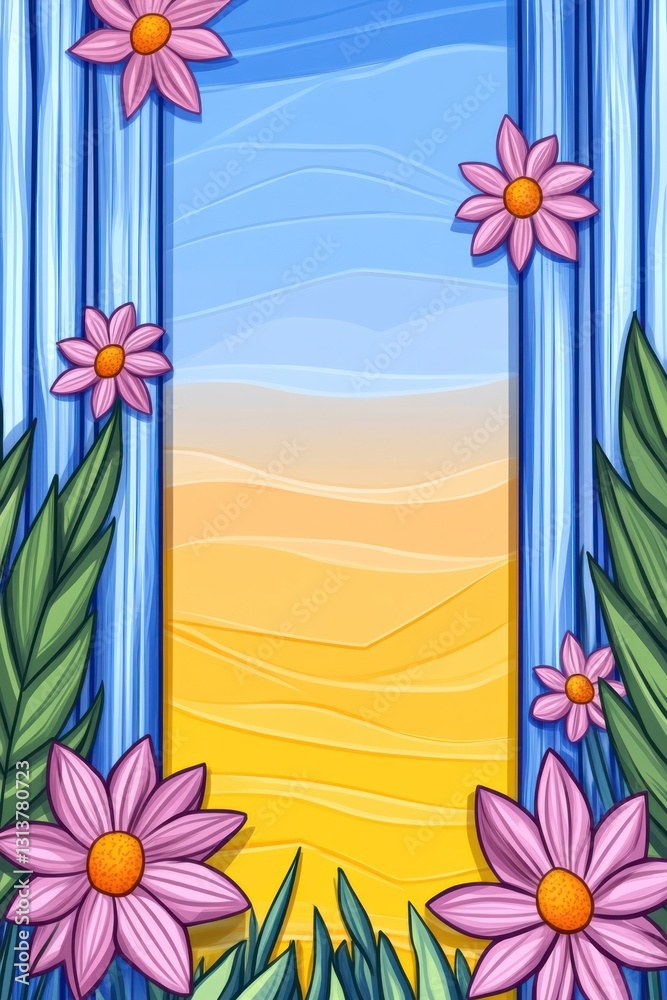 Blossoms framing view of yellow field under blue sky. Waterside plants in foreground