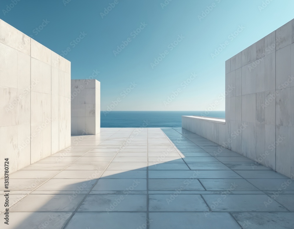 Obraz premium Long rectangular concrete floor, clear blue sky and deep ocean. Tiled terrace, minimalistic stone arrangement with calm, tranquil nature, scenic landscape, open space and horizon.