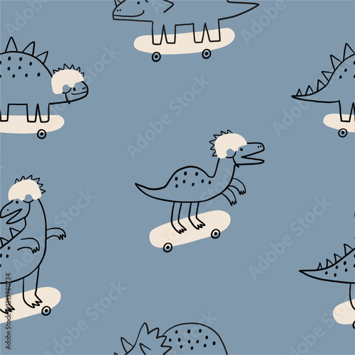 Cute print  with dinos and skateboard. Kids design with cartoon dinosaurs in doodle style. Vector seamless pattern for kids