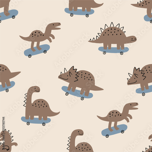 Cute print  with dinos and skateboard. Kids design with cartoon dinosaurs in doodle style. Vector seamless pattern for kids