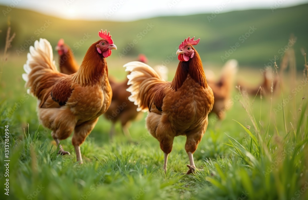 Fototapeta premium Free range chickens graze in farm meadow at sunset. Brown hens, roosters in green grass. Organic poultry farming, healthy livestock. Sustainable agriculture, natural country lifestyle. Chickens