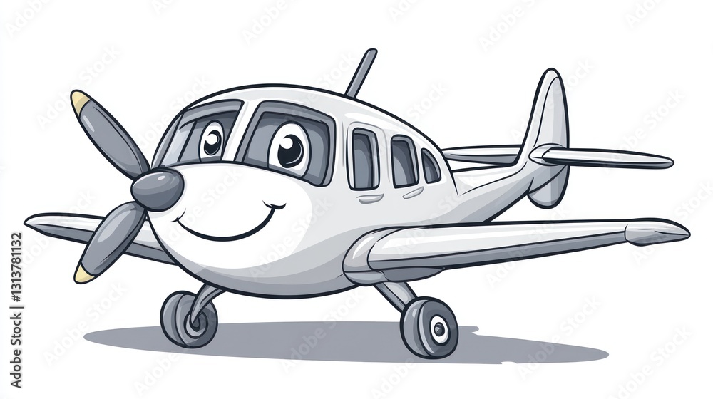 Fototapeta premium Happy cartoon plane flying, white background, kids book illustration