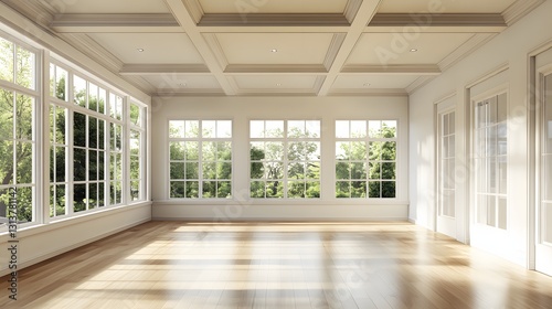 bright sunlit empty room with hardwood floors and large windows
