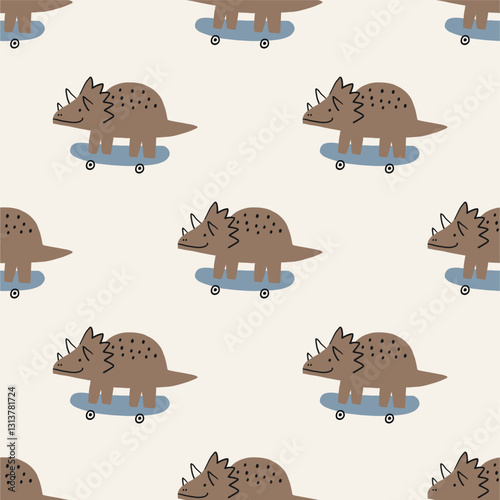 Cute print  with dinos and skateboard. Kids design with cartoon dinosaurs in doodle style. Vector seamless pattern for kids
