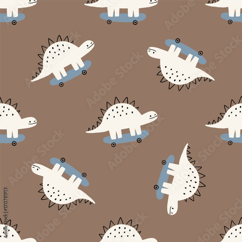 Cute print  with dinos and skateboard. Kids design with cartoon dinosaurs in doodle style. Vector seamless pattern for kids