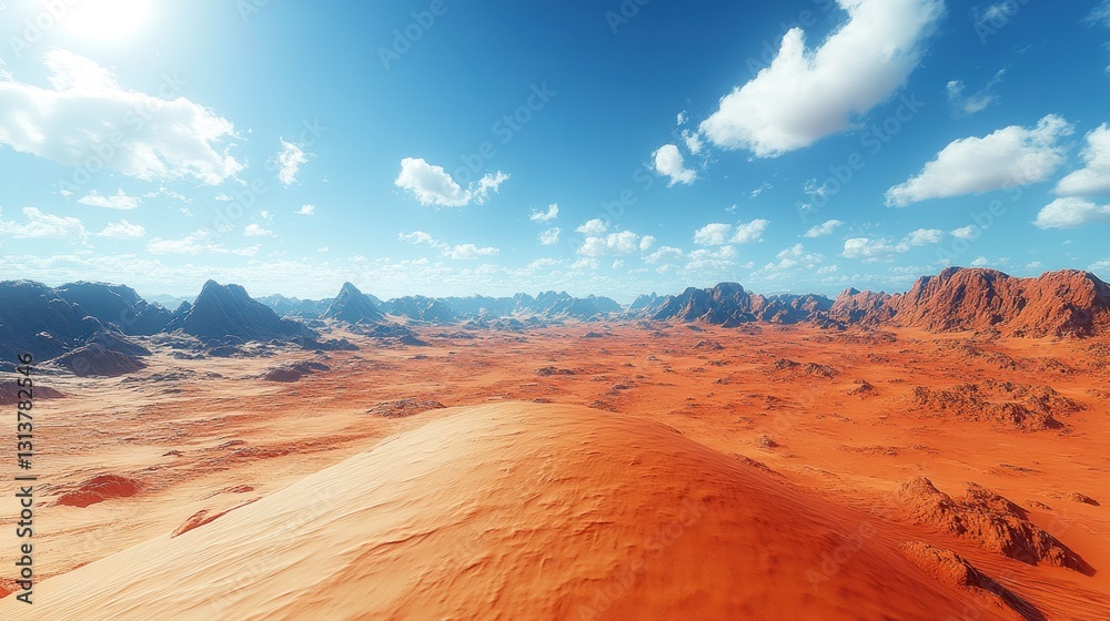 Fototapeta premium Sunny desert landscape, aerial view, red dunes, mountains