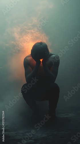 A person kneeling at the water's edge, with their head in their hands