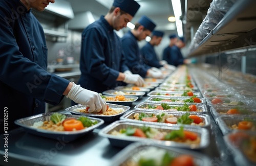 Chefs prepare meals in airline catering facility. Kitchen staff packages food for passengers. Catering service ensures quality control, food safety. Team works carefully in sterile environment, wears