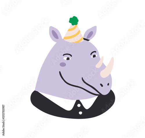 Funny rhino animal in birthday hat. Cute comic rhinoceros in festive party cap. Quirky humorous wild character celebrating bday, avatar. Flat vector illustration isolated on white background