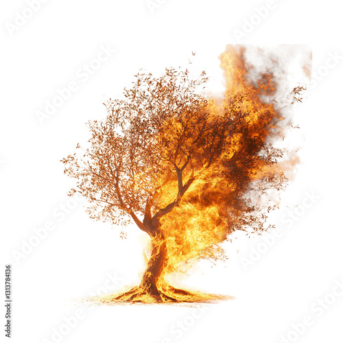 A Burning Bush Tree with Fire Isolated on Transparent Background
