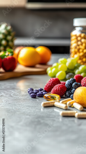 Healthy Diet Spread: A vibrant tableau of fresh, colorful fruits and supplementary vitamins and supplements. Representing the blend of nutrition and wellness. The image celebrates a balanced.