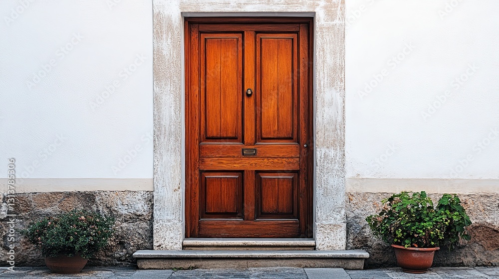 Brown wooden front door of a white house. Brown wooden front door of a white house.