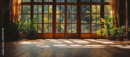 Sunlight streams through large windows illuminating a hardwood floor and potted plants in a tranquil room.