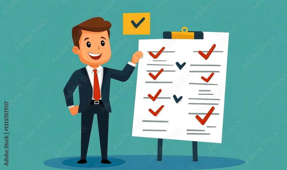 Successful Businessman Checklist Presentation Happy Man goal task work flat style office vector Successful Businessman Checklist Presentation Happy Man goal task work flat style office vector