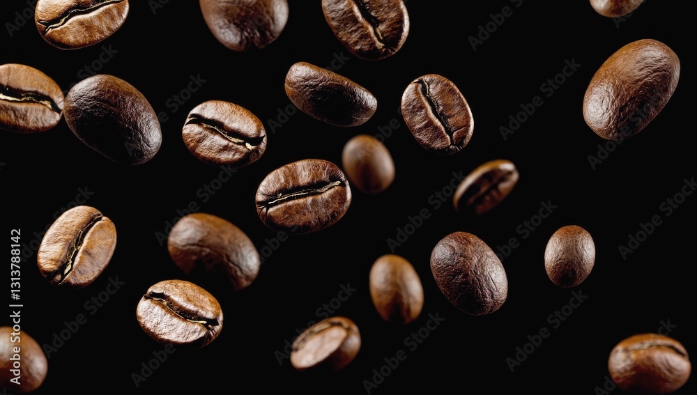 Fototapeta premium Artisan Coffee Bean Cascade: A collection of roasted coffee beans descends dynamically against a contrasting backdrop, showcasing the natural texture and color variations.