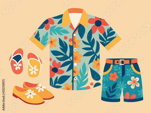 summer beachwear set with a short-sleeved floral shirt, shorts, and sandals