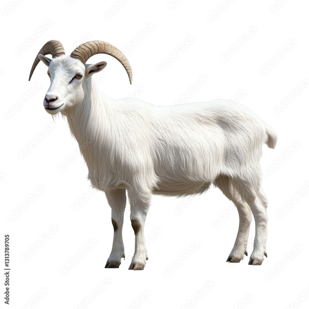 Fototapeta premium white goat with large horns on white background