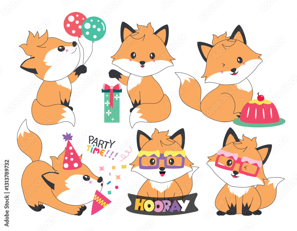 Fox character birthday clipart drawing set. Orange fox with birthday party elements clip art in happy and adorable smile in doodle sketch flat outline 2d icon collection in white background vector Fox character birthday clipart drawing set. Orange fox with birthday party elements clip art in happy and adorable smile in doodle sketch flat outline 2d icon collection in white background vector