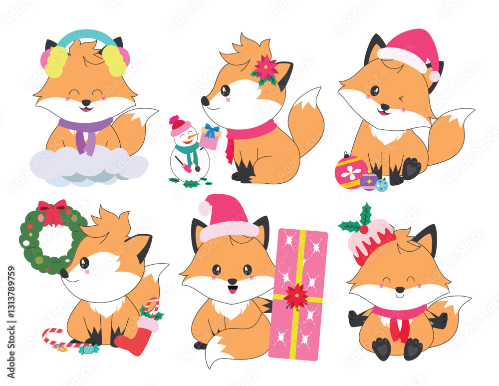 Fox christmas character clipart drawing set. Cute orange fox character flat icon outline collection clip art with xmas decoration elements like lantern, gift and santa hat in happy and friendly smile Fox christmas character clipart drawing set. Cute orange fox character flat icon outline collection clip art with xmas decoration elements like lantern, gift and santa hat in happy and friendly smile