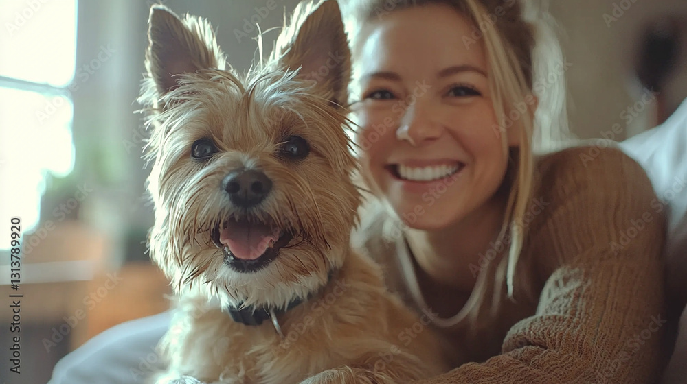Captivating portrait featuring a woman embracing her joyful dog indoors Captivating portrait featuring a woman embracing her joyful dog indoors