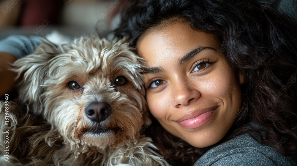 Close bond: A young woman lovingly embraces her furry companion dog Close bond: A young woman lovingly embraces her furry companion dog