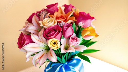 A stunning bouquet of colorful roses, lilies, and tulips tied with a silk ribbon. Vibrant, fresh, and elegant floral arrangement on a softly blurred background, celebrating beauty and joy