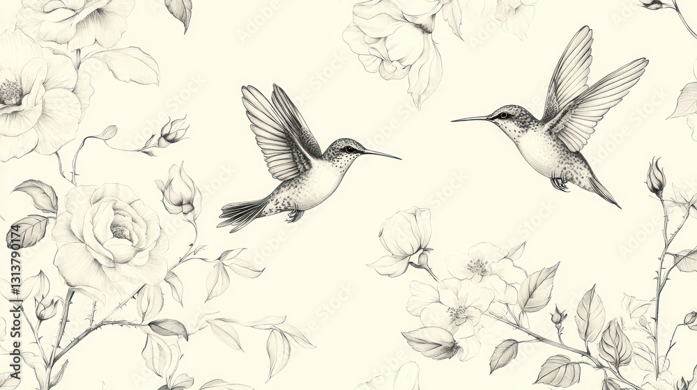 Fototapeta premium Hummingbirds flying amidst roses; floral background; nature print