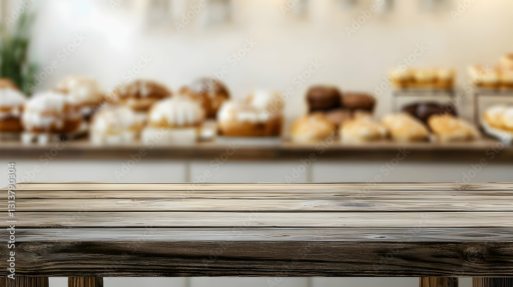 Rustic Wooden Table Display In Front Of Blurred Bakery Background Showcasing Freshly Baked Bread And Pastries Rustic Wooden Table Display In Front Of Blurred Bakery Background Showcasing Freshly Baked Bread And Pastries