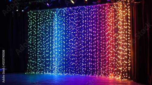 Cascading light curtain made of tiny colorful bulbs, draped over a concert stage