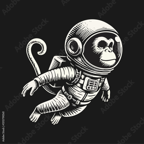 astronaut, chimpanzee, animal, illustration, monkey, isolated, primate, retro, vintage, design, alien, graphic, print, drawn, art, cartoon, hand, comic, cosmos, ape, drawing, engraving, space, engrave