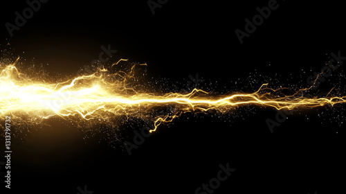 High-energy light streak with small sparkles and electric pulse effects, isolated on black
