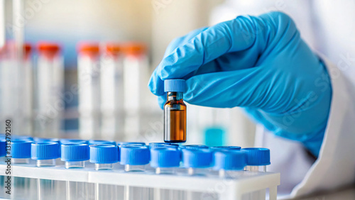 Research laboratory hand placing glass vial in sample rack with labeled test tubes