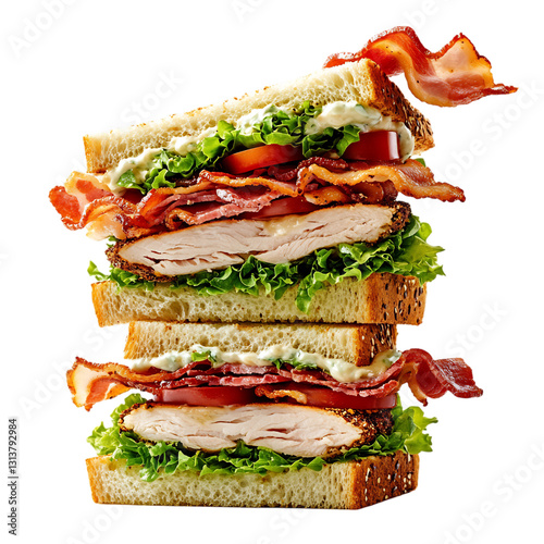 A Classic Club Sandwich with Turkey Bacon Lettuce Tomato Isolated on Transparent Background