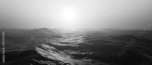 Fototapeta Naklejka Na Ścianę i Meble -  A serene black and white image of the ocean waves crashing against the shore