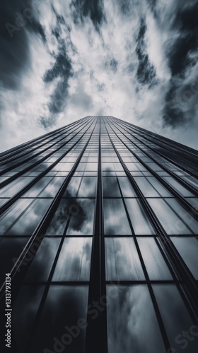 A tall glass building with a cloudy sky in the background
