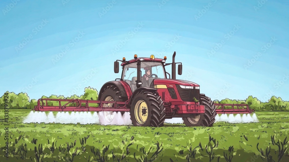 Fototapeta premium Agricultural tractor spraying a field with a modern sprayer under blue sky