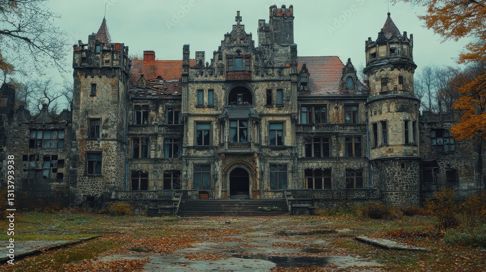 Naklejka premium Abandoned gothic mansion in autumn with weathered stone architecture