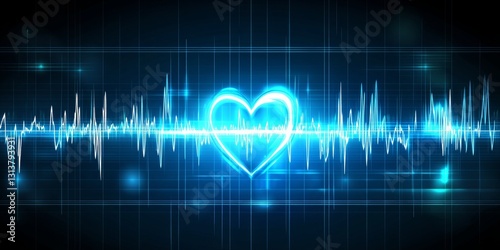 Heart Beat Rhythm as a Blue Line on Dark Background. Bright Light Effect with copy-space.