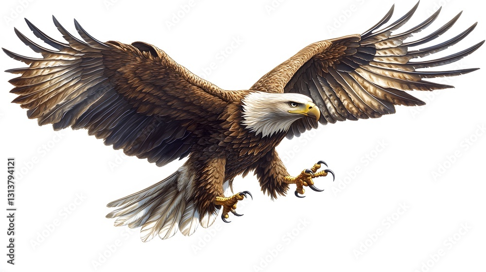 Fototapeta premium A majestic golden eagle in mid-flight with its wings fully extended, sharp talons visible, and feathers detailed, against a simple gradient backdrop