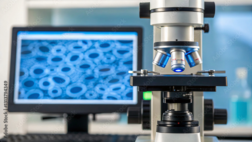 Close-up of a Scientific Microscope in Laboratory with Computer Screen Display Close-up of a Scientific Microscope in Laboratory with Computer Screen Display