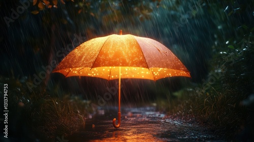 Wallpaper Mural Illuminated umbrella in rainy forest path; nature, shelter, peace Torontodigital.ca