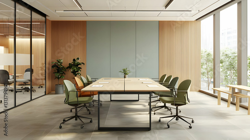 Modern Conference Room Interior Design With Wooden And Green Walls Natural Light And Empty Chairs Around A Table Optimized For Adobe Stock Photo