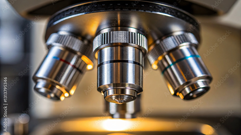 Close-Up View of Microscope Objective Lenses with Illuminated Stage and Detailed Focus Close-Up View of Microscope Objective Lenses with Illuminated Stage and Detailed Focus