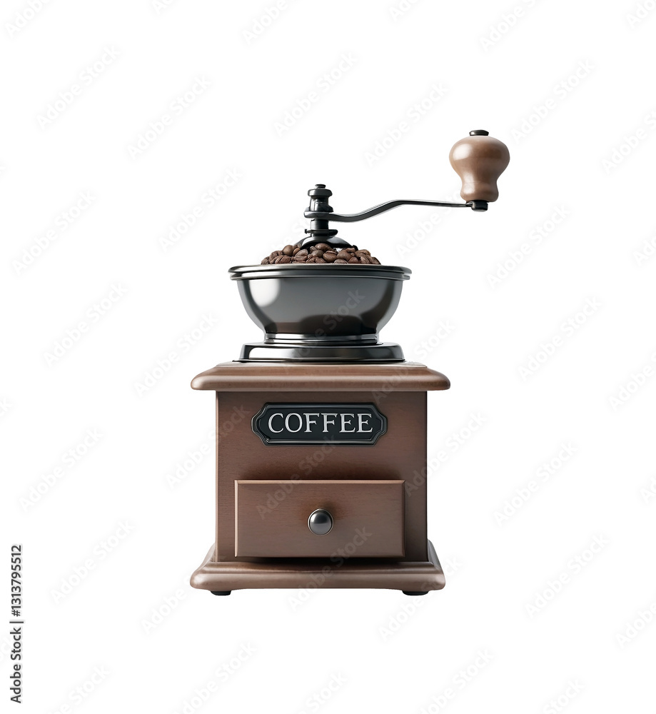 old wooden coffee grinder with coffee beans isolated on white background with place for your text old wooden coffee grinder with coffee beans isolated on white background with place for your text