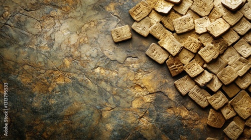 Ancient clay tablets with cuneiform script on stone background