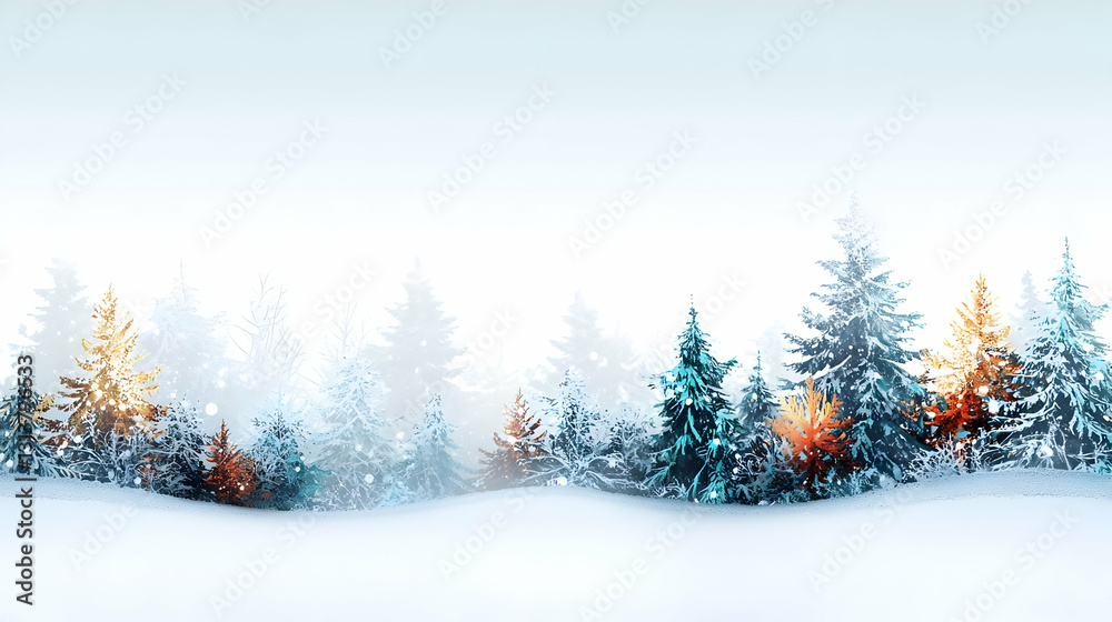 Fototapeta premium Panoramic Winter Wonderland Enchanting Snow Covered Forest with Orange and Blue Tinted Evergreen Trees Under Soft Light