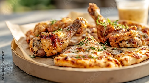 Delicious grilled chicken and pizza feast outdoor patio food photography sunny day top view culinary delight